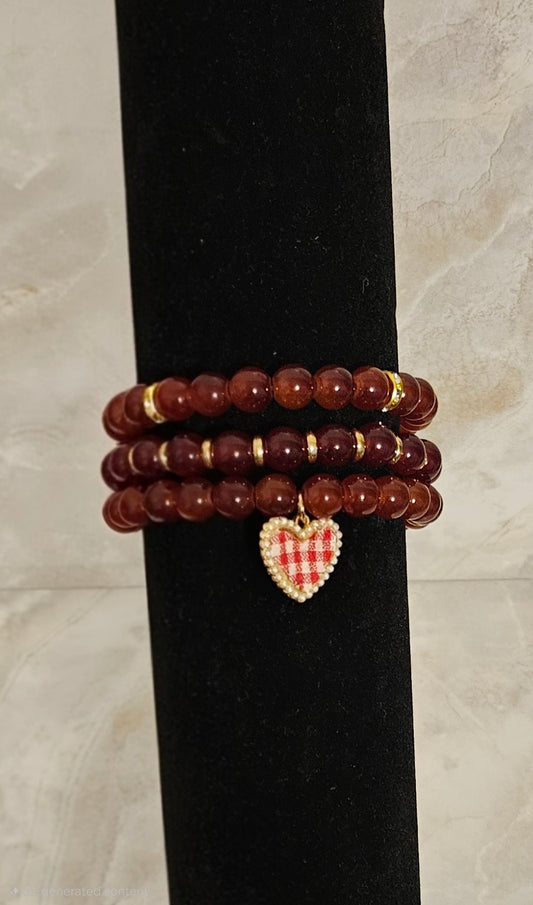 Dark Red Bracelet Stack with Charm 3pc.
