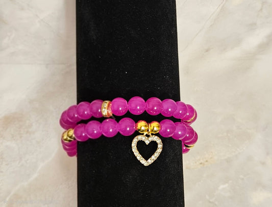 Hot Pink Bracelet Stack with Charm 2pc.