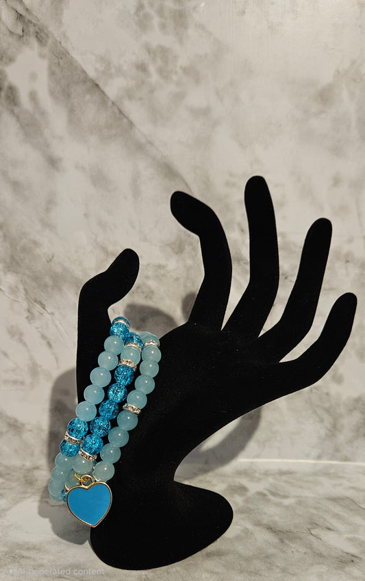 Blue Bracelet Stack w/heart Charm 3pc.