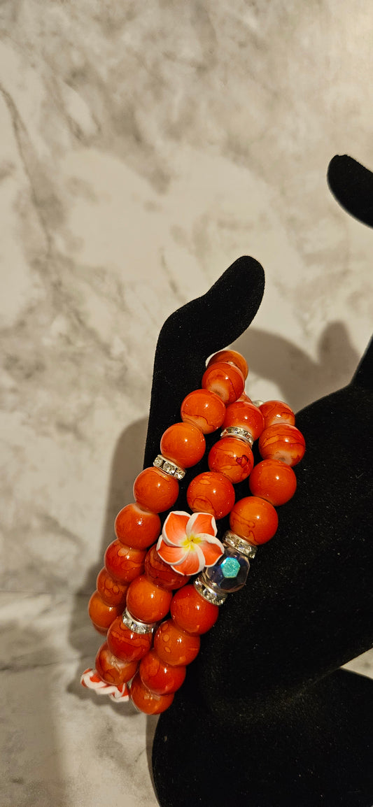 Orange Hawaiian bracelet stack 3pc.